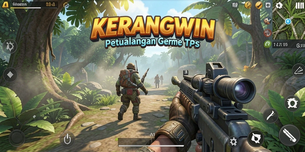 Tampilan gameplay KERANGWIN dengan aksi menegangkan di dalam pertempuran TPS.